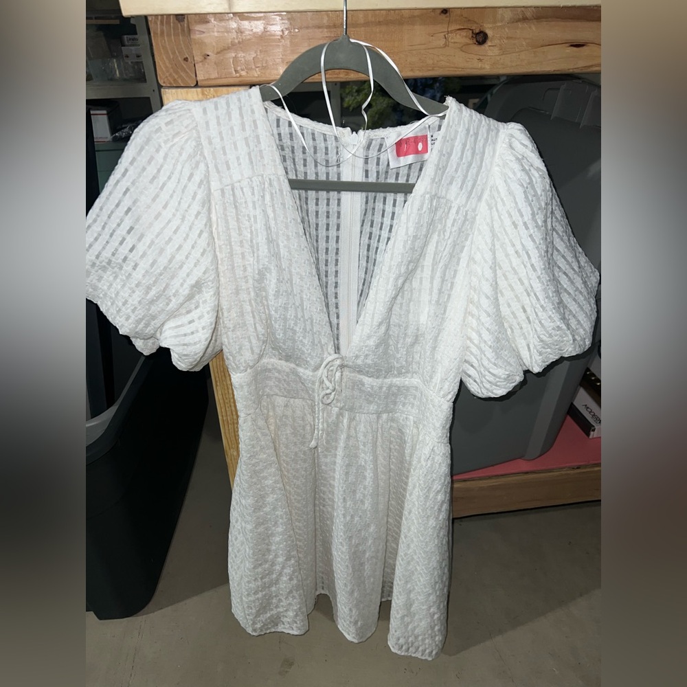 Hello Molly White Mini Dress - Puff Sleeve, Deep V, Size M